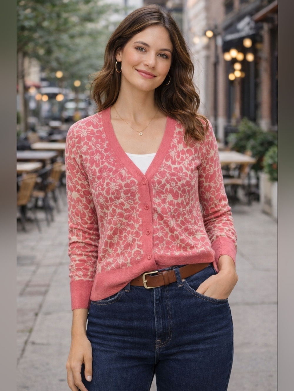 Boden Linen Floral Cardigan Pink Cream Button Front Lightweight Sweater Sz 10